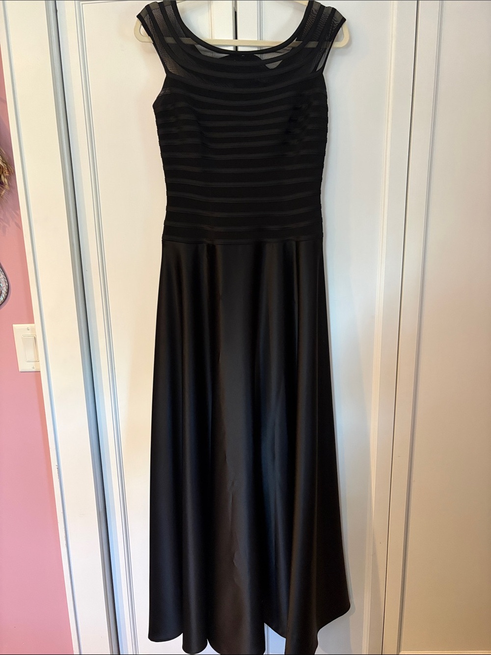 JS Collections Black Striped Mesh Bodice Cocktail Dress